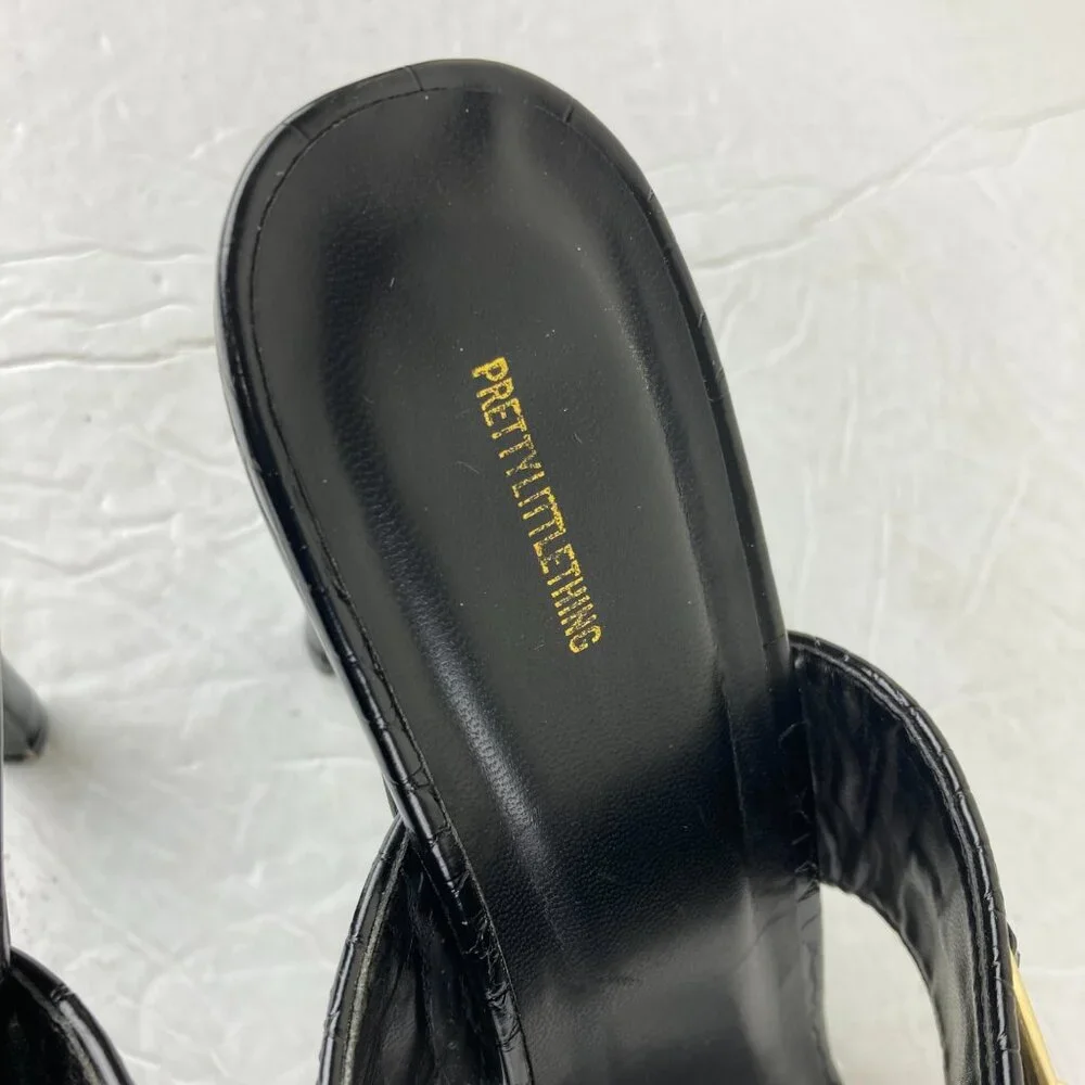 Pretty Little Thing Sz 8 Black Square Toe Slip On Heel Sandals Gold Chain Detail - Picture 5 of 9